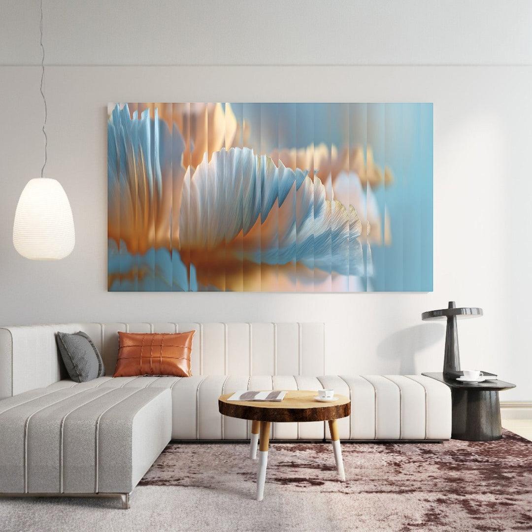 Wadi Home abstract floral wall art with blue and gold hues, contemporary layered design.