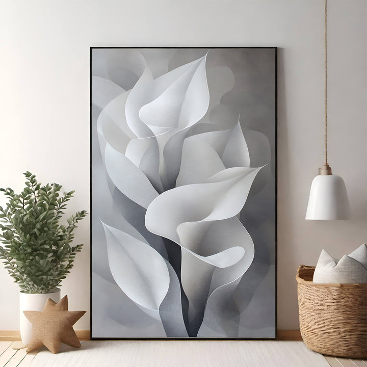 Wadi Home abstract monochrome calla lily wall art. Delicate white and gray floral design with flowing lines and soft gradients.