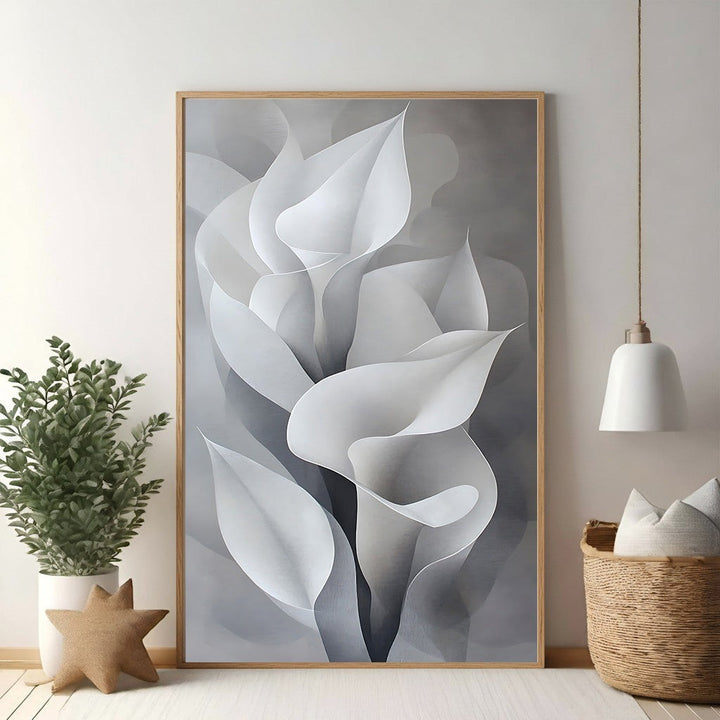 Wadi Home abstract monochrome calla lily wall art, modern floral print in white and gray tones.