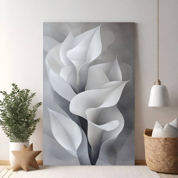 Wadi Home abstract monochrome wall art featuring calla lilies in white and gray, modern floral design.