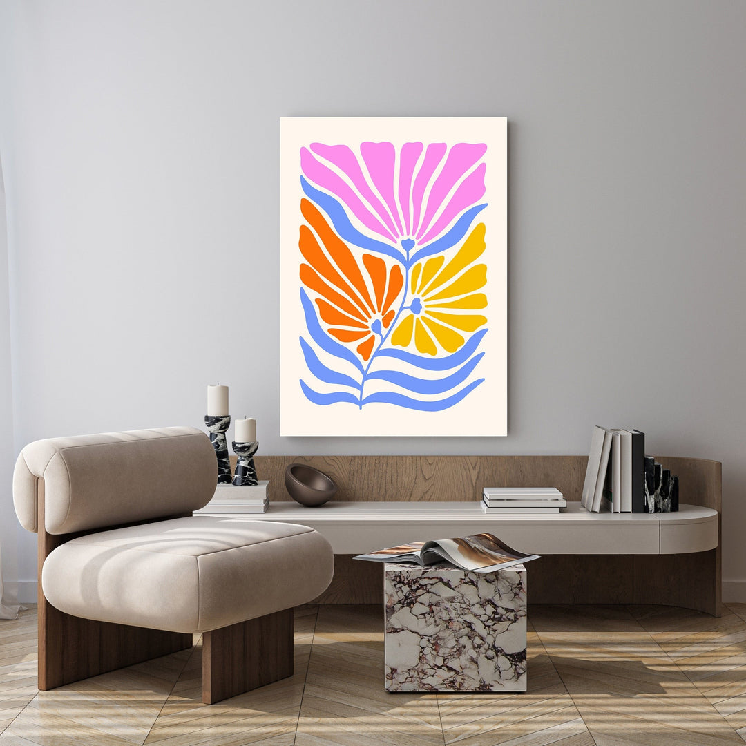 Wadi Home abstract floral botanical wall art with pink, orange, yellow flowers and blue wavy accents on cream background.