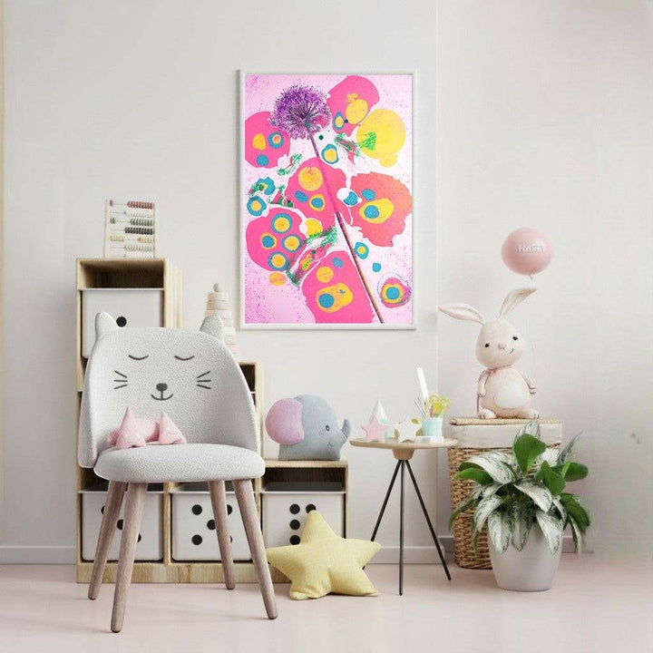 Wadi Home abstract floral wall art with pink, yellow, and blue hues, featuring a purple allium flower.