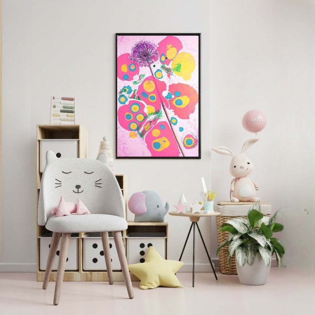 Wadi Home abstract floral wall art with pink, yellow, and blue hues in a black frame, displayed in a child's room.