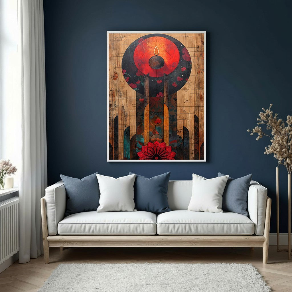 Wadi Home abstract floral motif wall art with red, orange, and blue colors on a wood-like background.