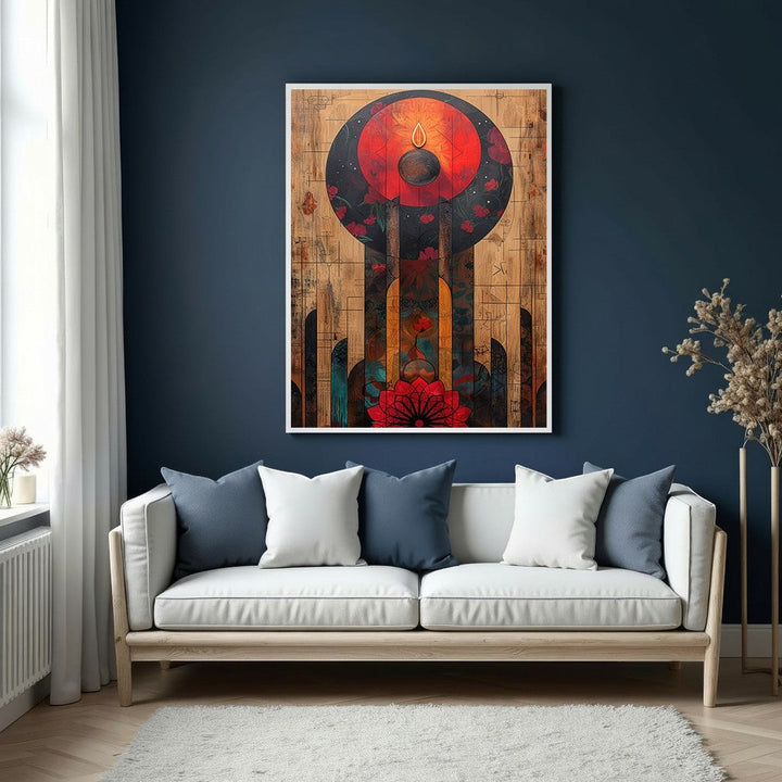 Wadi Home abstract floral motif wall art with red, orange, and blue colors on a wood-like background.