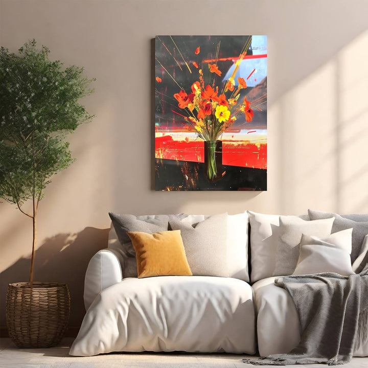 Wadi Home abstract floral arrangement wall art with vibrant red, orange, and yellow flowers in a glass vase.