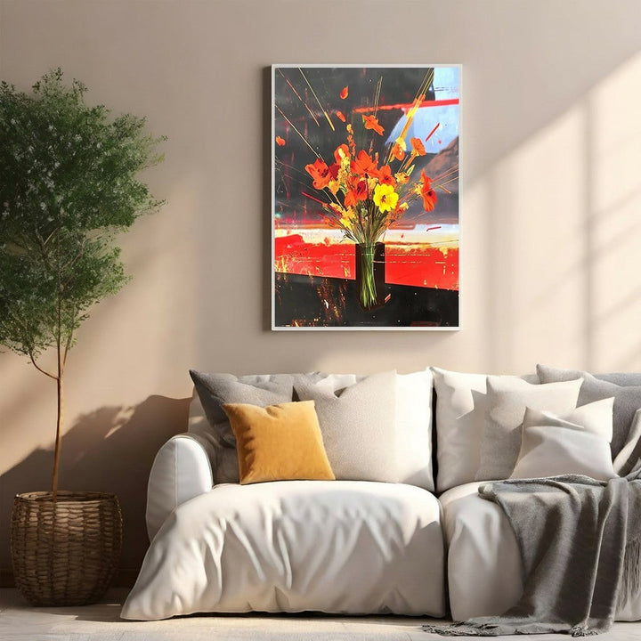 Wadi Home abstract floral arrangement wall art with vibrant reds, oranges, and yellows in a modern style.