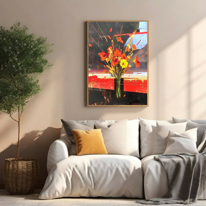 Wadi Home abstract floral arrangement wall art with bold reds, oranges, and yellows in a vase.
