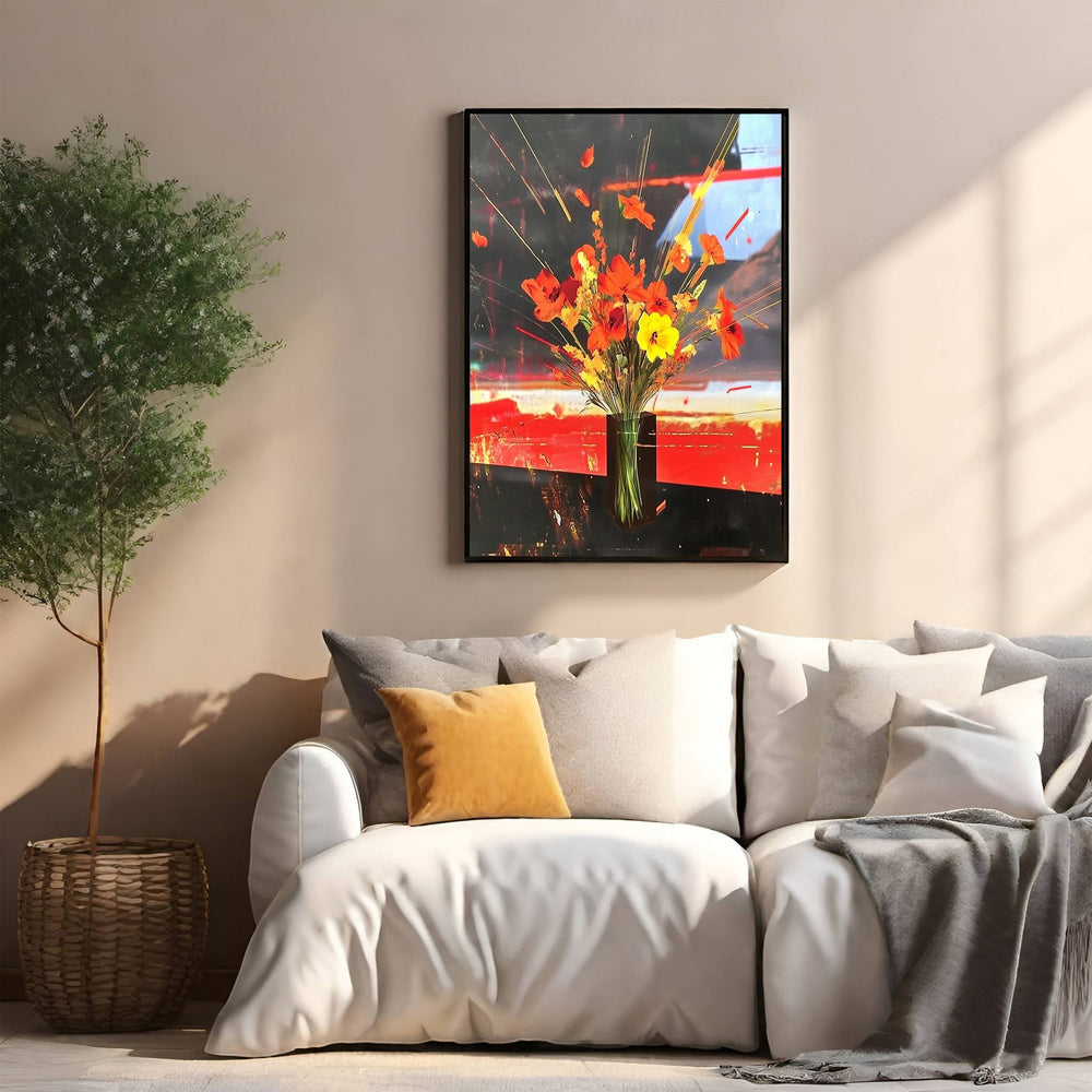 Wadi Home abstract floral arrangement wall art with vibrant red, orange, and yellow flowers in a vase. Modern art for living rooms.