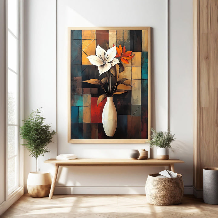 Wadi Home abstract floral wall art with white lily and orange bloom in minimalist vase, geometric background.