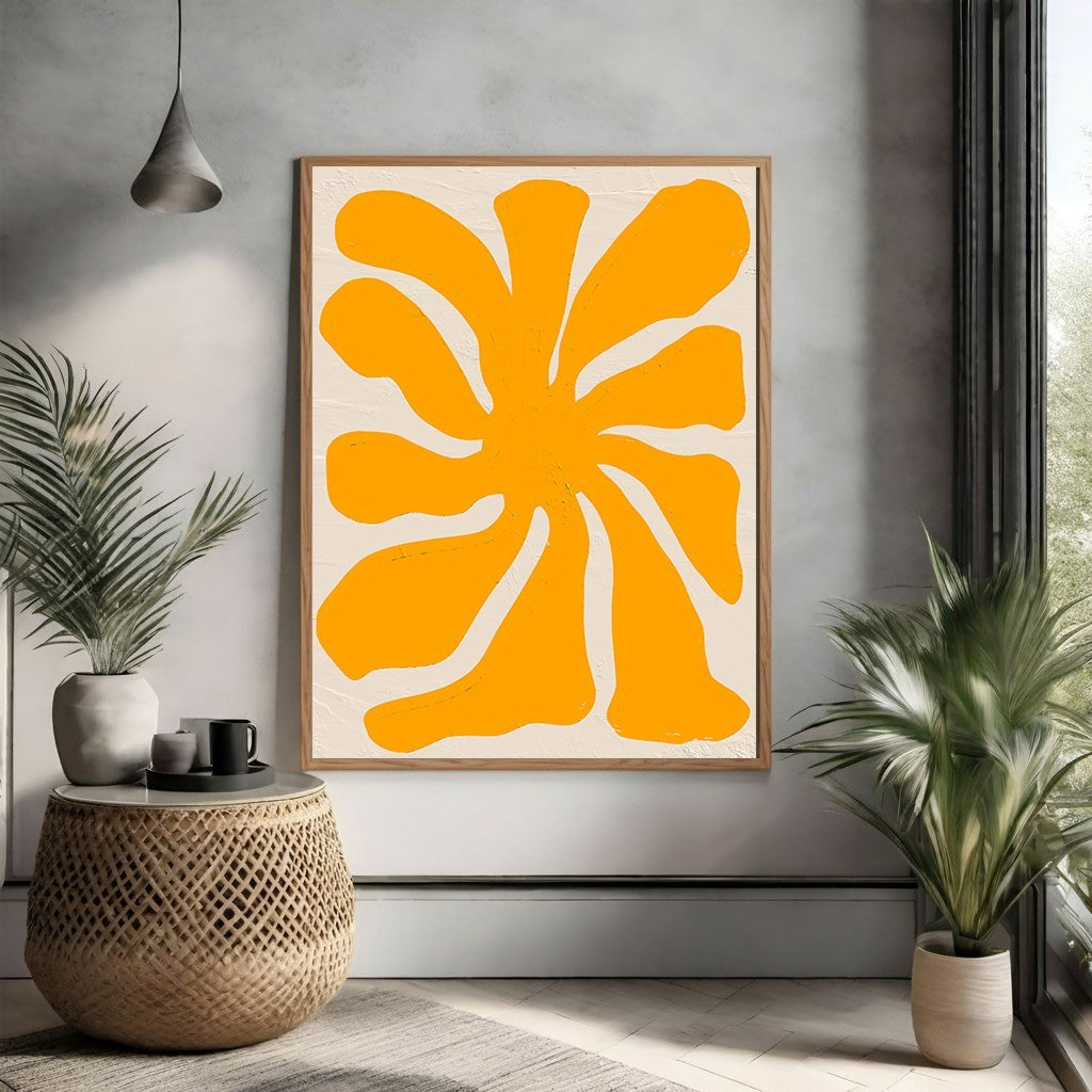 Wadi Home Abstract Floral Burst Wall Art, sun-yellow abstract floral design on textured cream background, modern organic shape, framed.