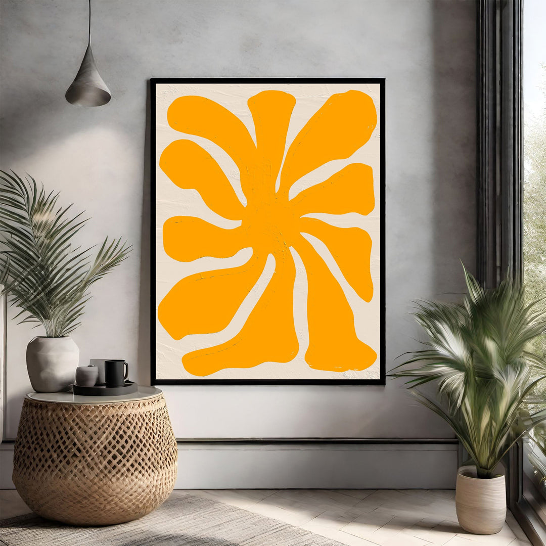 Wadi Home Abstract Floral Burst Wall Art, vibrant sun-yellow abstract floral design on a neutral textured background.