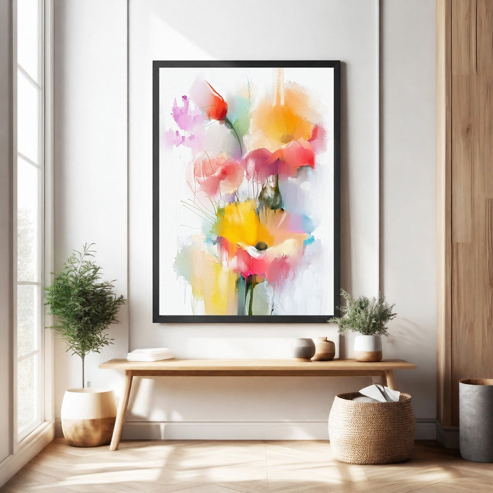 Wadi Home abstract floral watercolor wall art with pink, yellow, and orange blooms. Modern art for vibrant decor.