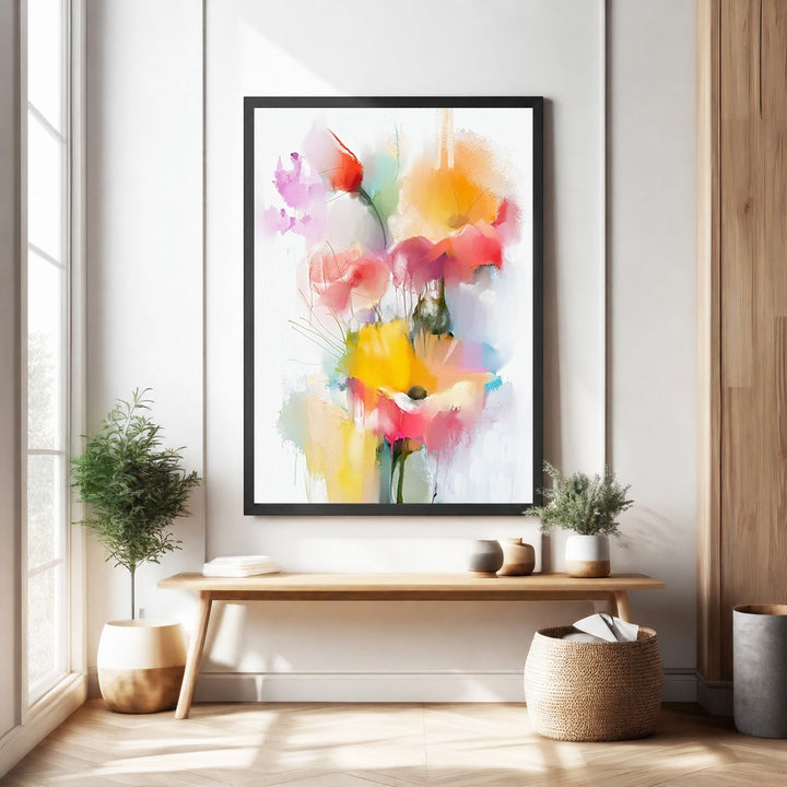 Wadi Home abstract floral watercolor wall art with pink, yellow, and orange blooms. Modern art for vibrant decor.