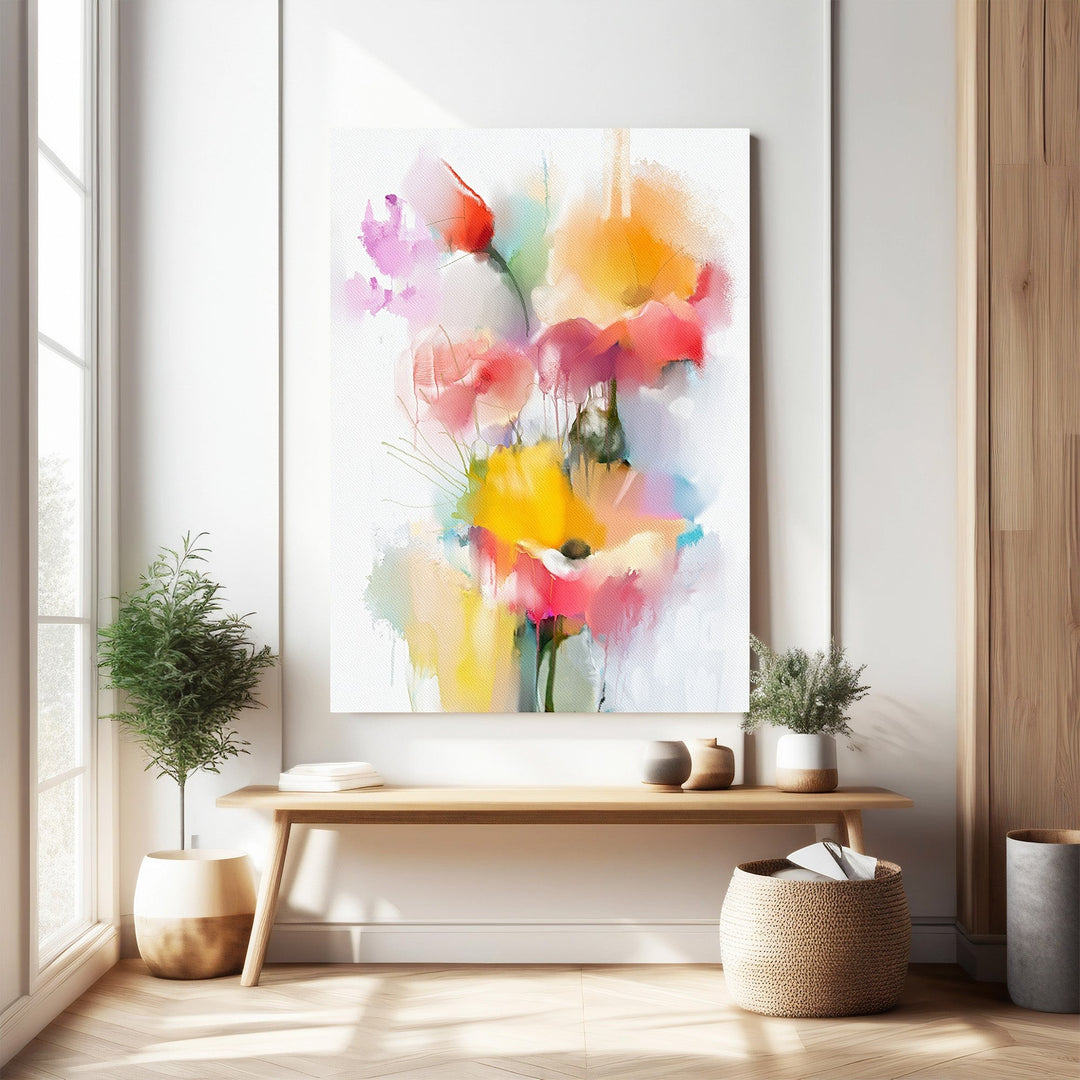 Wadi Home abstract floral watercolor wall art with vibrant pinks, yellows, and oranges. Modern floral print.