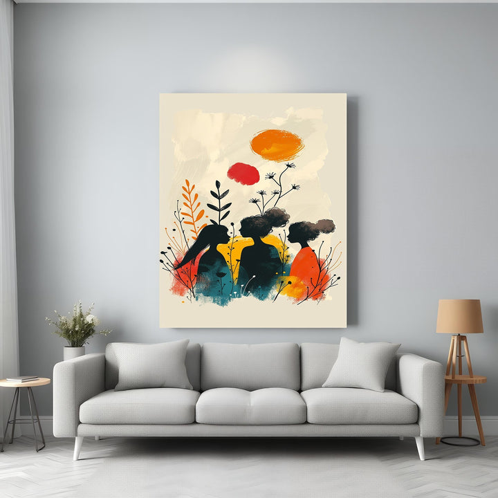 Wadi Home abstract wall art featuring silhouetted figures in a garden with warm earthy tones and pops of orange and red.