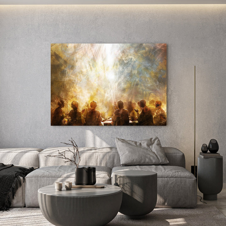 Wadi Home abstract wall art depicting figures gathered under dramatic light, with warm golden and cool blue hues.