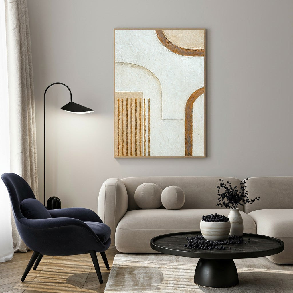 Wadi Home abstract geometric arch canvas wall art with neutral tones and gold accents. Textured finish.