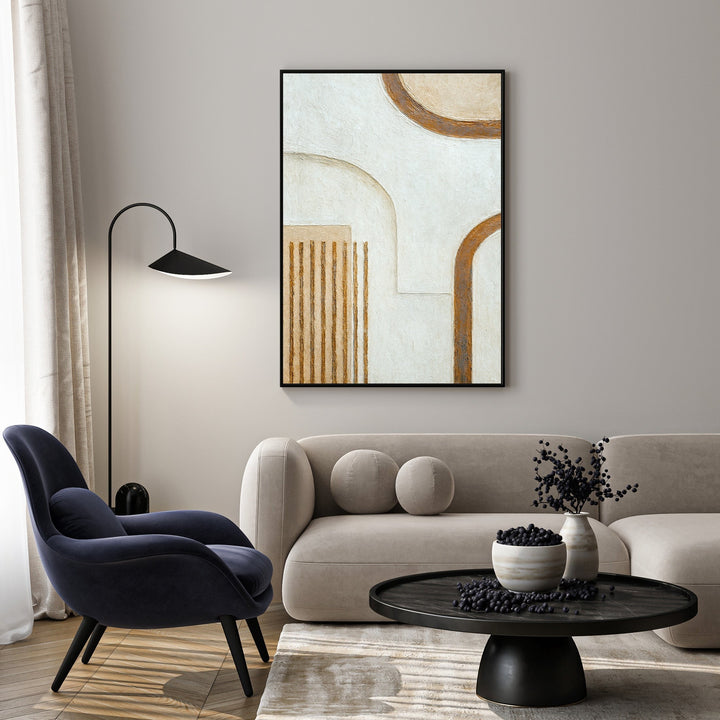 Wadi Home abstract geometric arch canvas art with neutral tones and gold accents. Textured finish.
