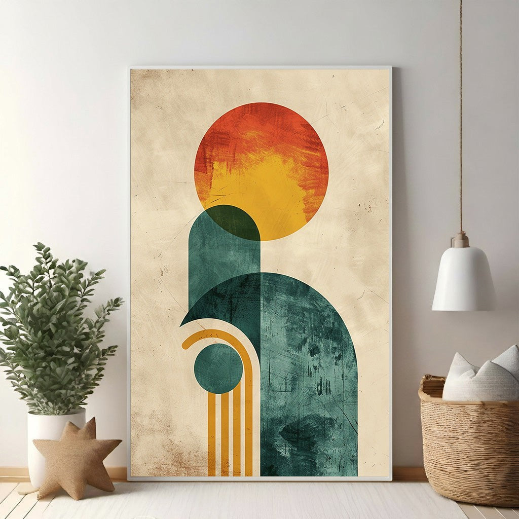 Wadi Home abstract geometric arch canvas art with warm oranges, yellows, and teal hues. Modern design.