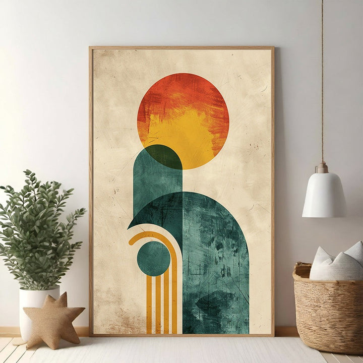 Wadi Home abstract geometric arch canvas art with warm oranges, yellows, and teal hues. Modern wall art.