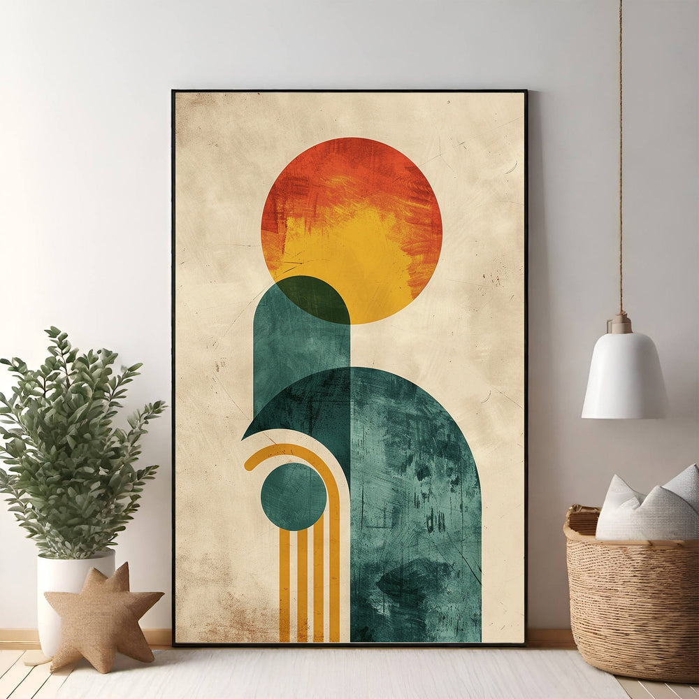 Wadi Home abstract geometric arch canvas art with warm oranges, yellow, and teal hues. Modern wall art.