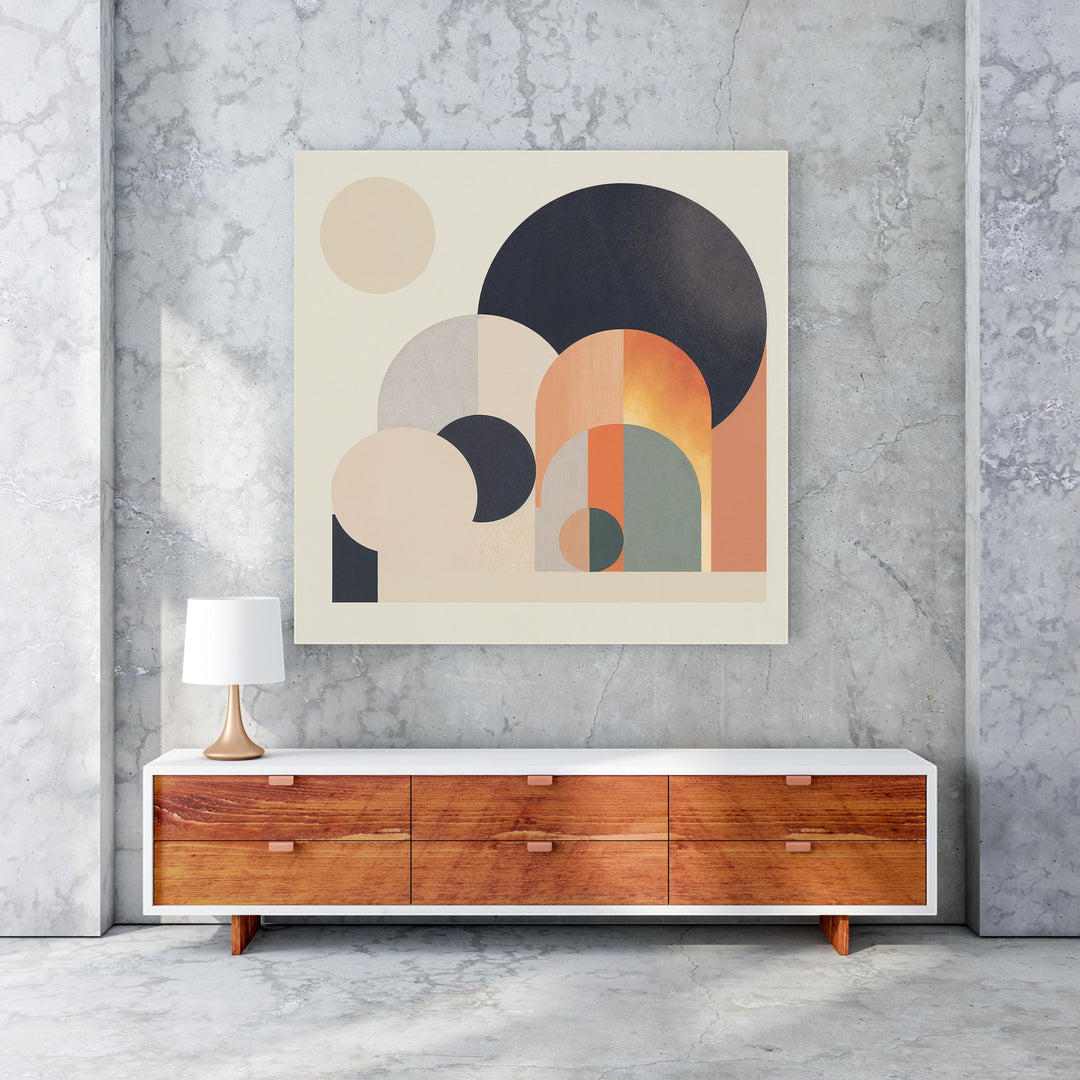 Wadi Home abstract geometric arch wall art with cream, beige, navy, and terracotta circles and arches.