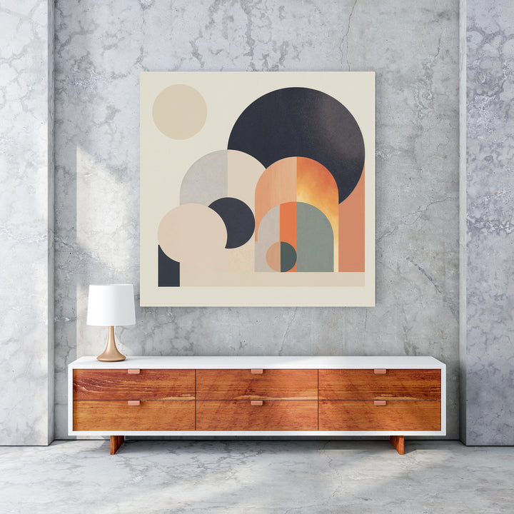 Wadi Home abstract geometric arch wall art with cream, beige, navy, and terracotta circles and arches.