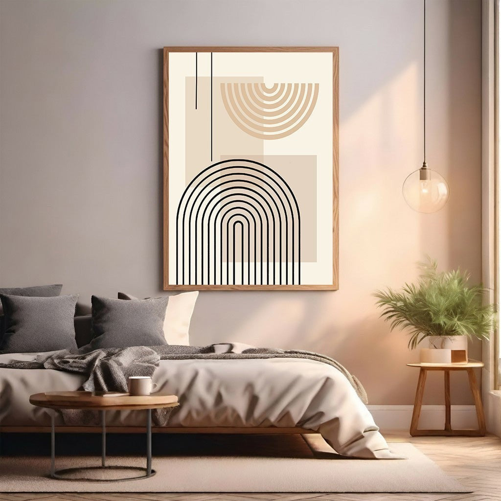 Wadi Home abstract geometric arch wall art in beige and cream with black lines. Modern minimalist print.