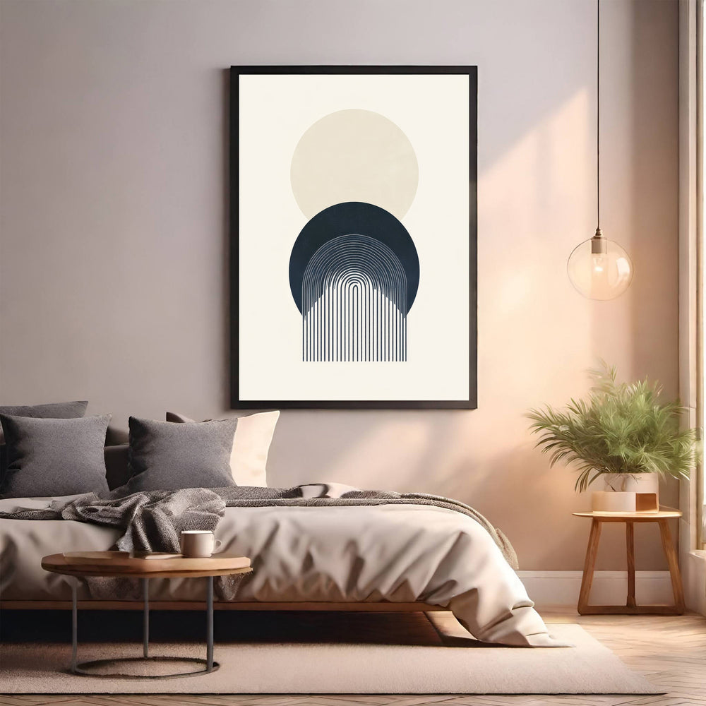 Wadi Home abstract geometric arch wall art in cream and navy, featuring a circle and arched lines.