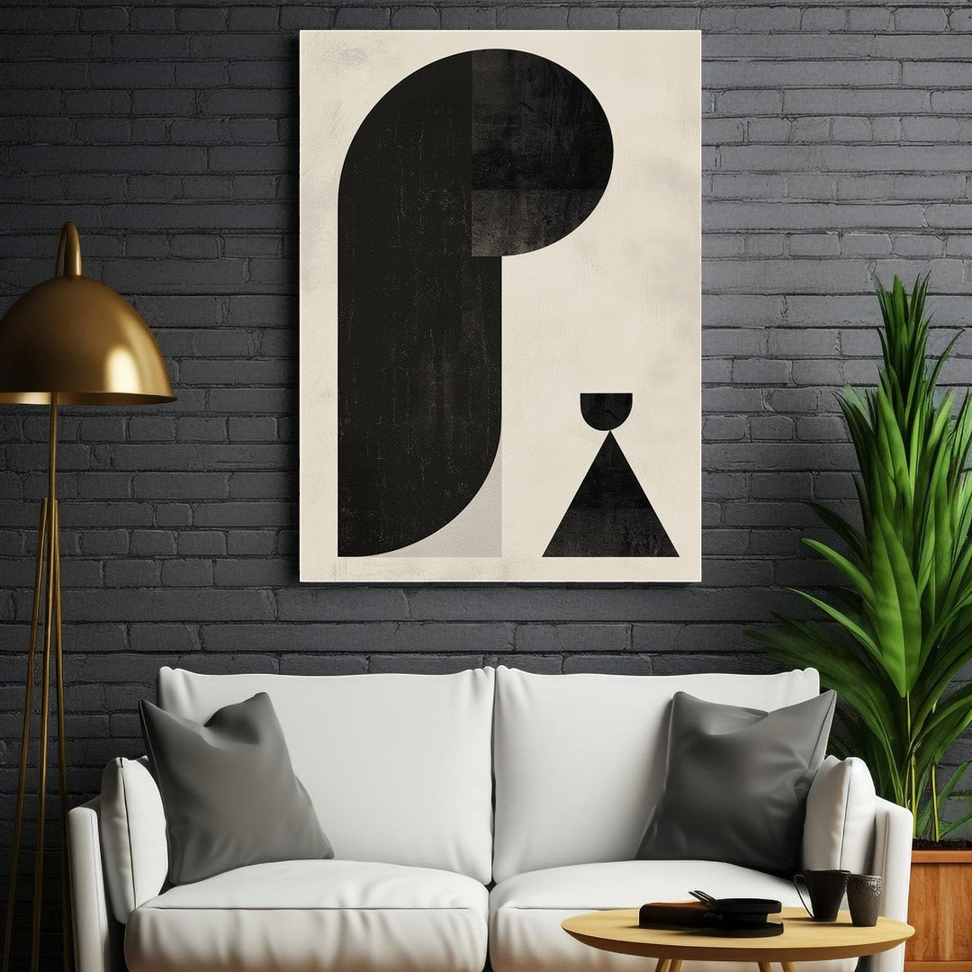 Wadi Home abstract geometric art print with black shapes on a textured neutral background. Modern minimalist wall art.