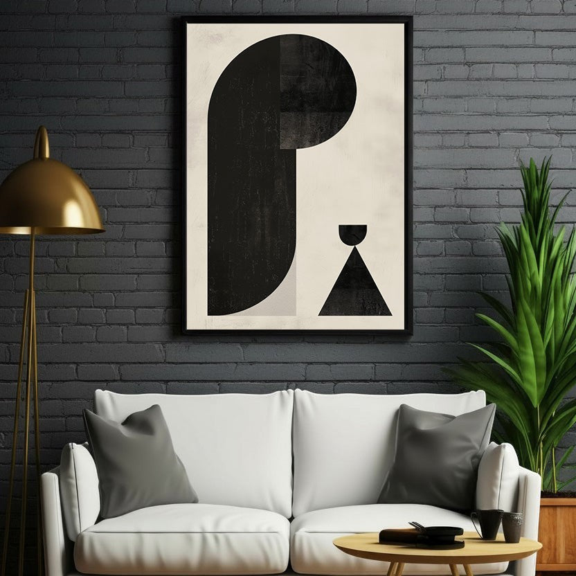 Wadi Home abstract geometric art print with black shapes on a textured neutral background. Modern minimalist design.
