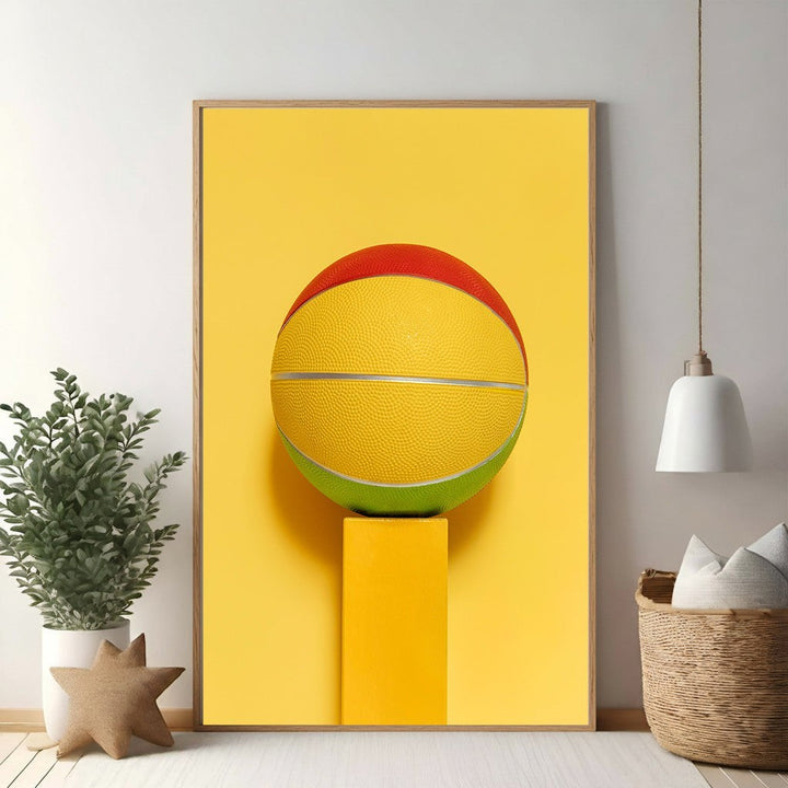 Wadi Home abstract geometric basketball art with yellow, red, and green panels on a yellow background.