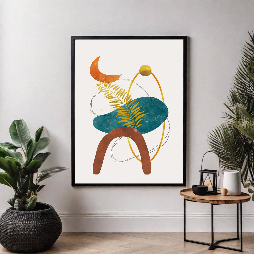 Wadi Home abstract geometric botanical wall art with orange crescent, teal oval, brown arch, and gold leaf on white background.