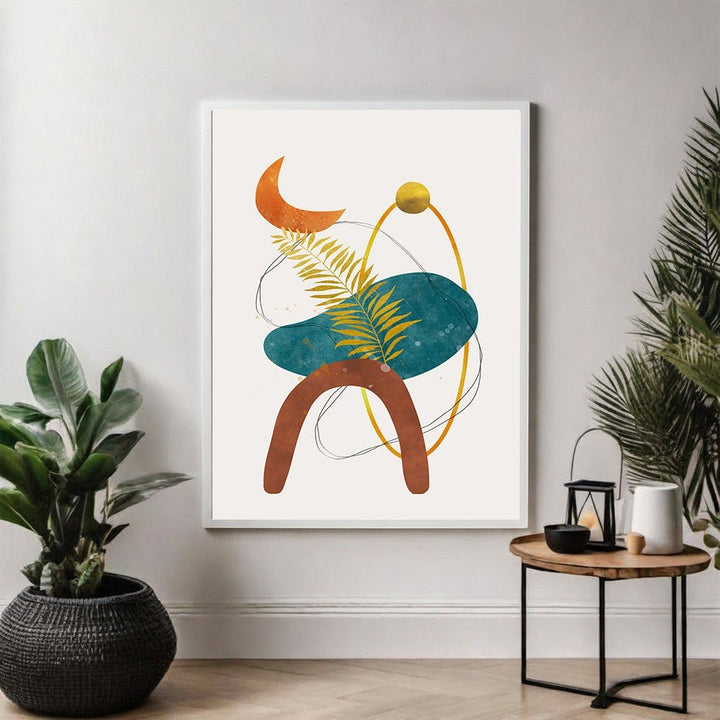 Wadi Home abstract geometric botanical wall art with terracotta arch, teal oval, orange crescent moon, and gold accents.