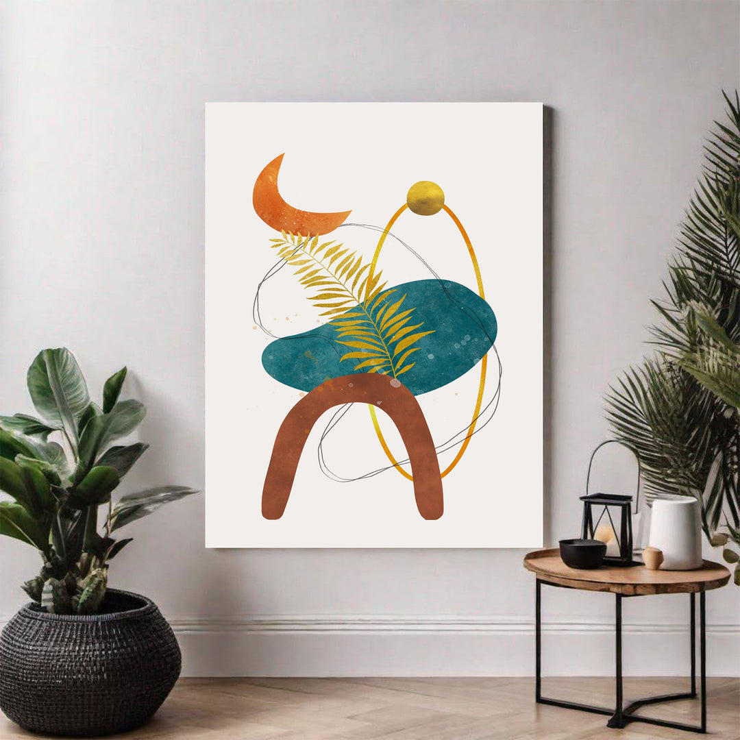 Wadi Home abstract geometric botanical wall art with terracotta arch, teal shape, orange crescent moon, and gold fern frond.