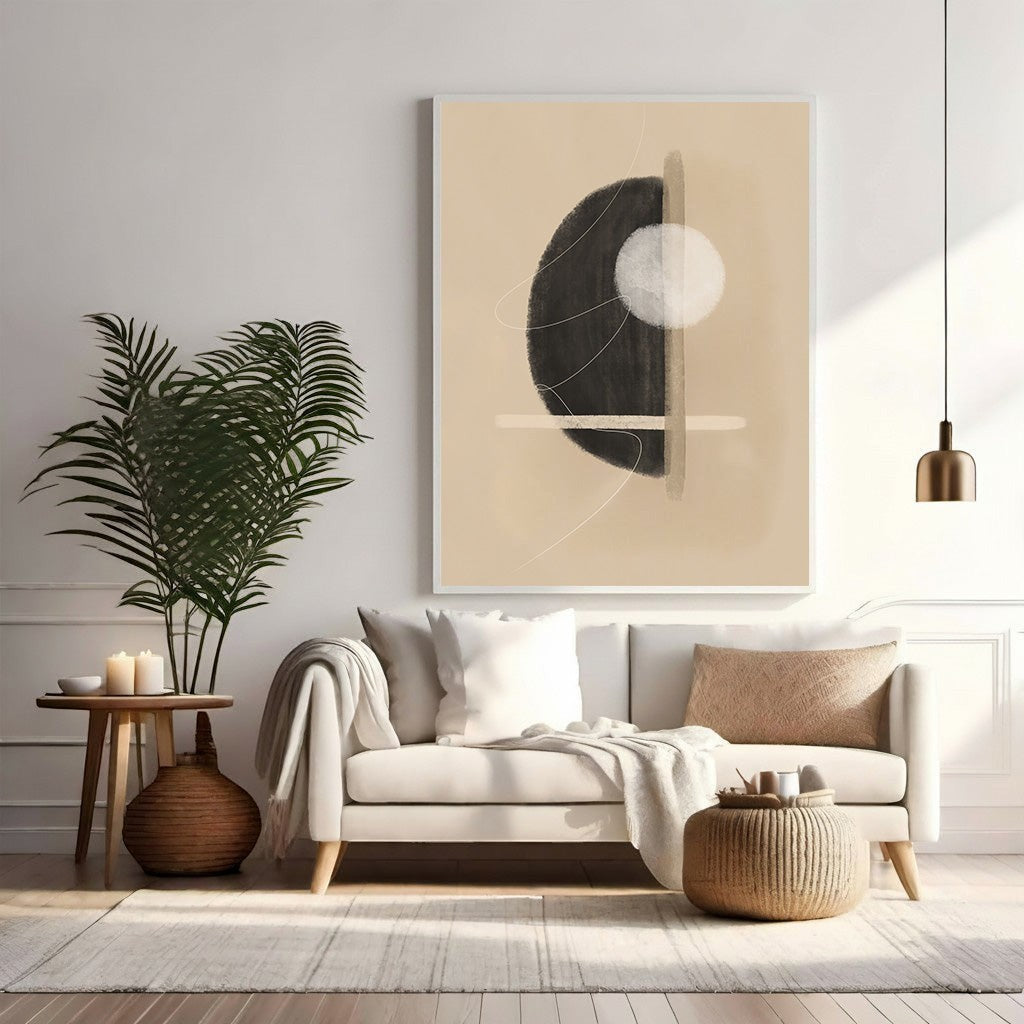 Wadi Home abstract geometric circle canvas art in beige and black with minimalist lines. Modern wall art.