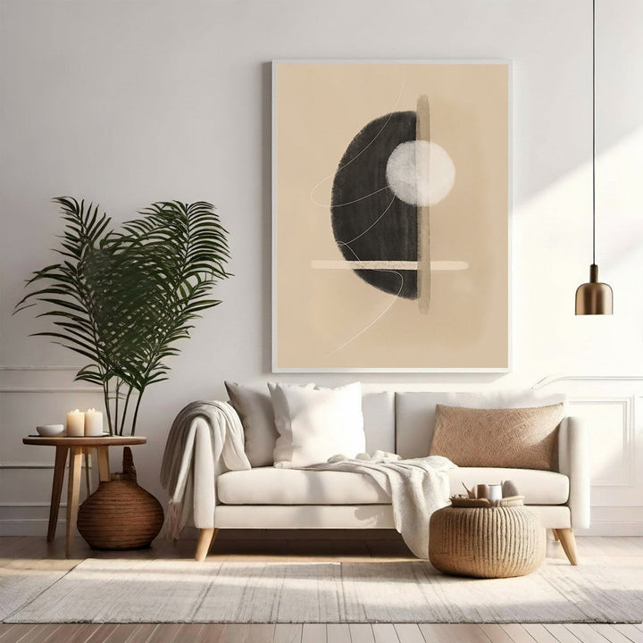 Wadi Home abstract geometric circle canvas art in beige and black with minimalist lines. Modern wall art.
