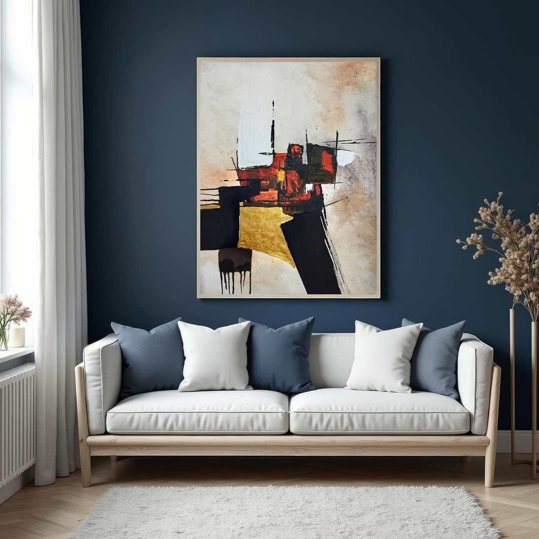 Wadi Home abstract geometric canvas art with black, gold, and red shapes on a textured background.