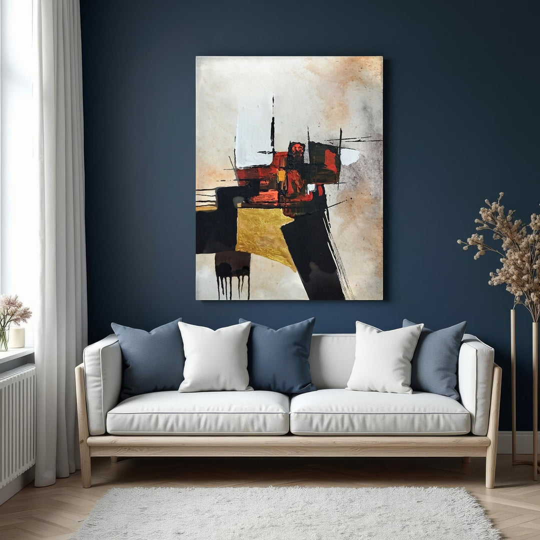 Wadi Home abstract geometric canvas art with black, gold, and red hues. Modern wall art for living rooms.