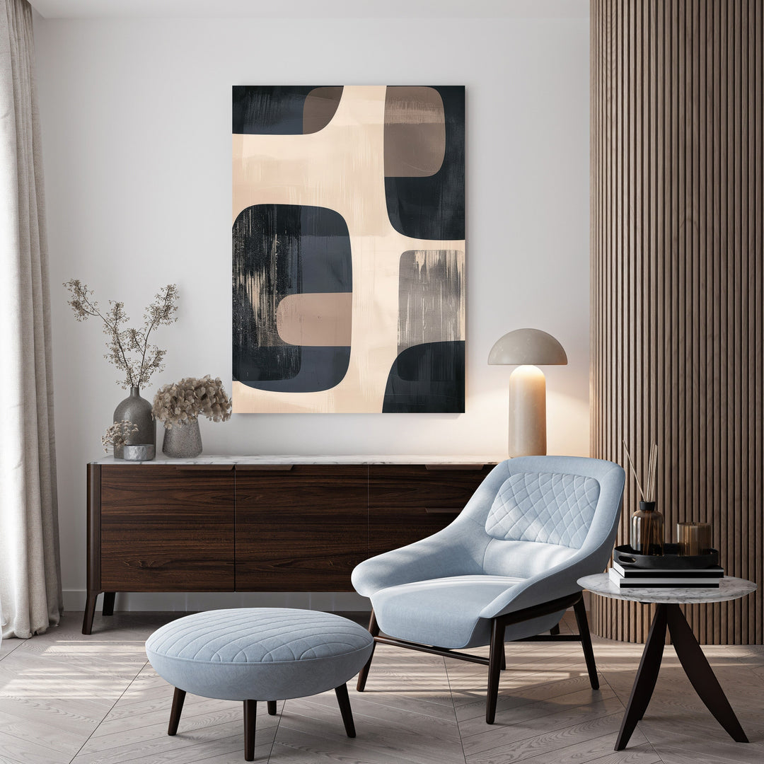 Wadi Home abstract geometric canvas art in blues, beiges, and grays with organic shapes and textured details.