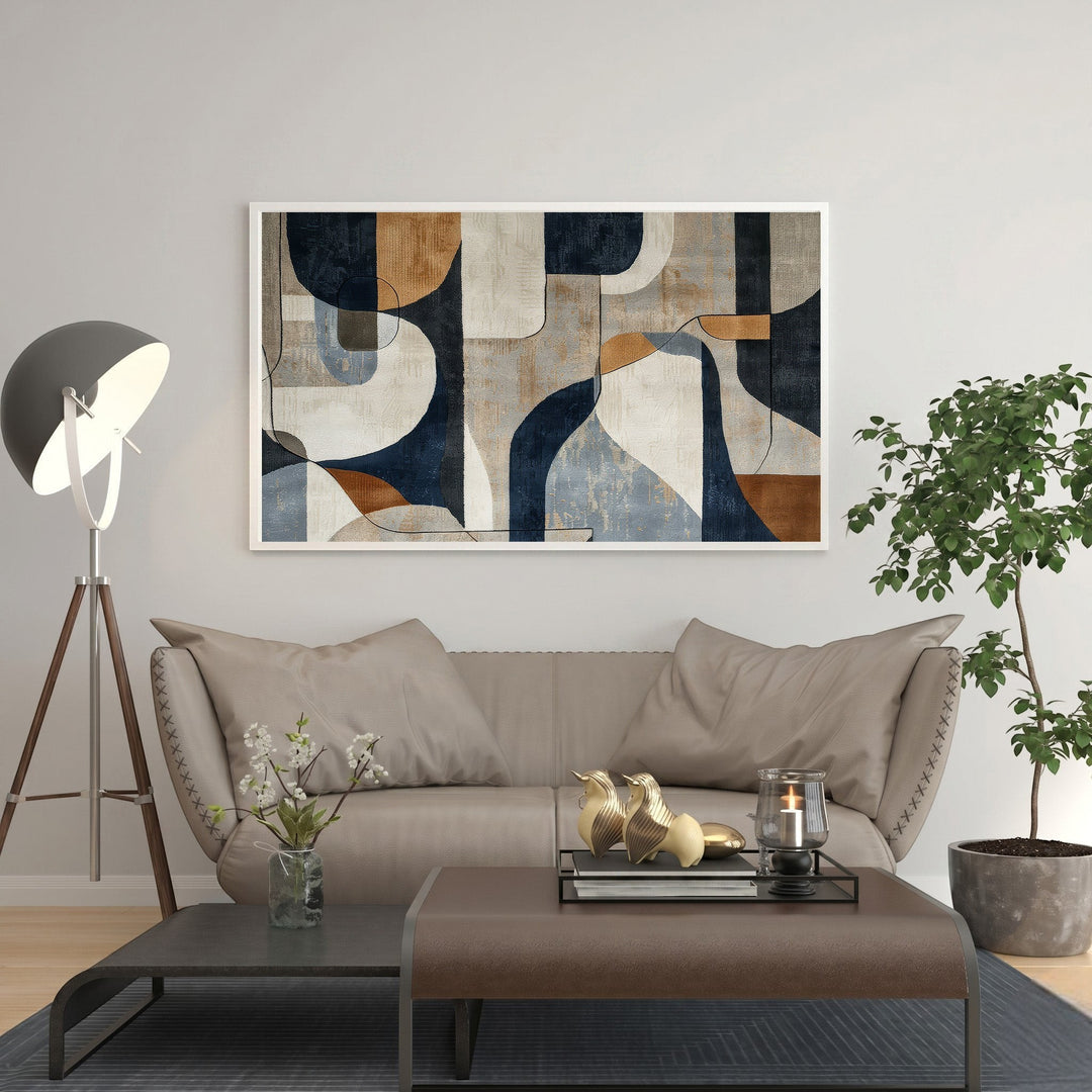 Wadi Home abstract geometric canvas art with blue, brown, and neutral tones. Modern wall decor.