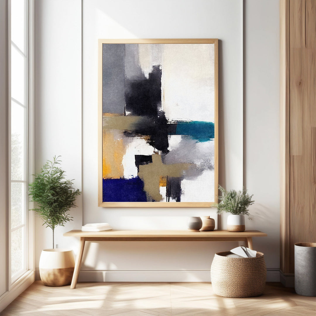 Wadi Home abstract geometric canvas wall art with blues, yellows, grays, and black. Modern textured design.