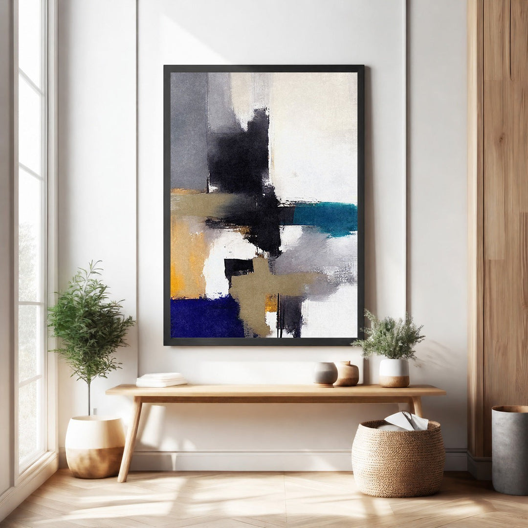 Wadi Home abstract geometric canvas wall art with blues, yellows, grays, and black. Modern textured design.
