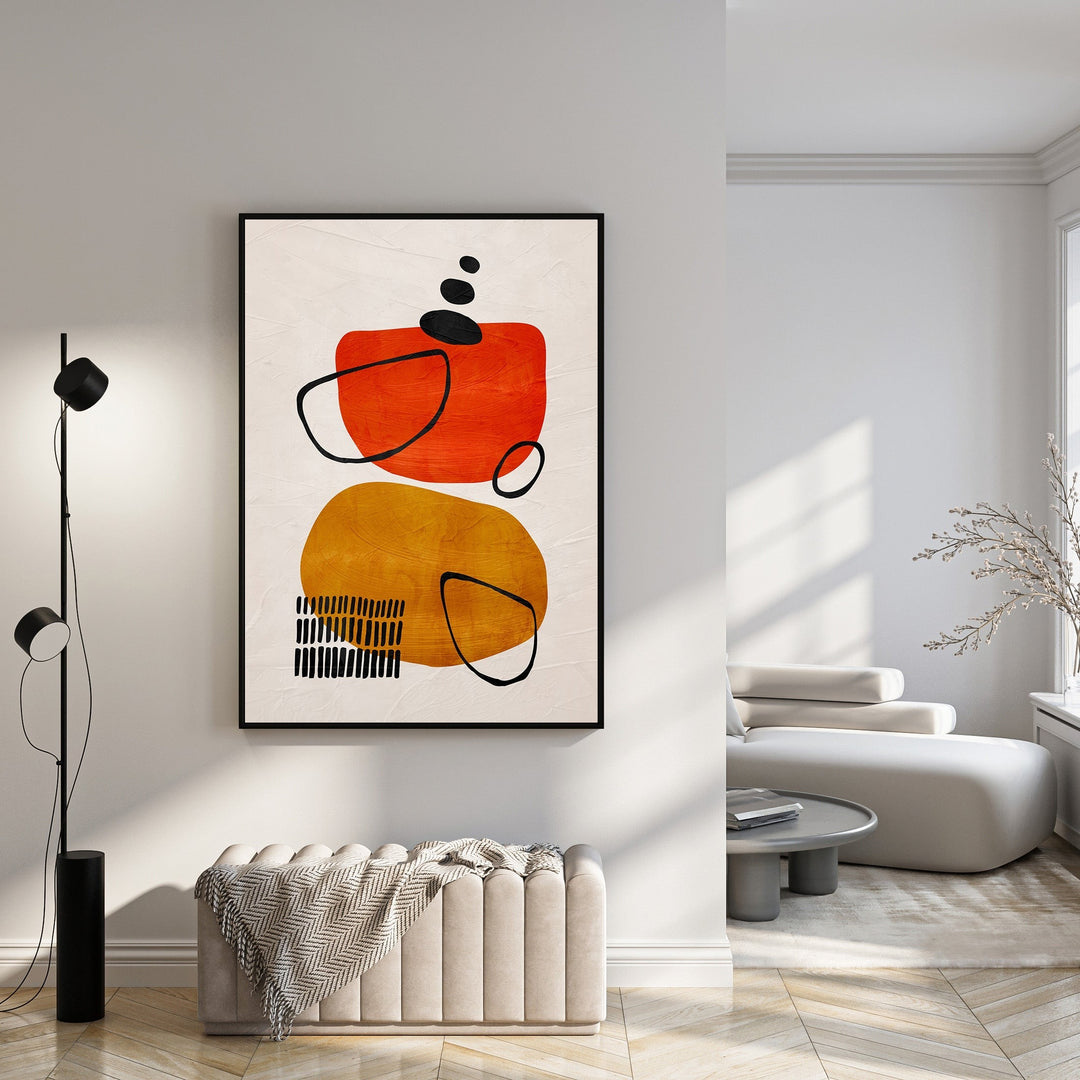Wadi Home abstract geometric canvas art with orange, ochre, and black shapes. Modern wall art.