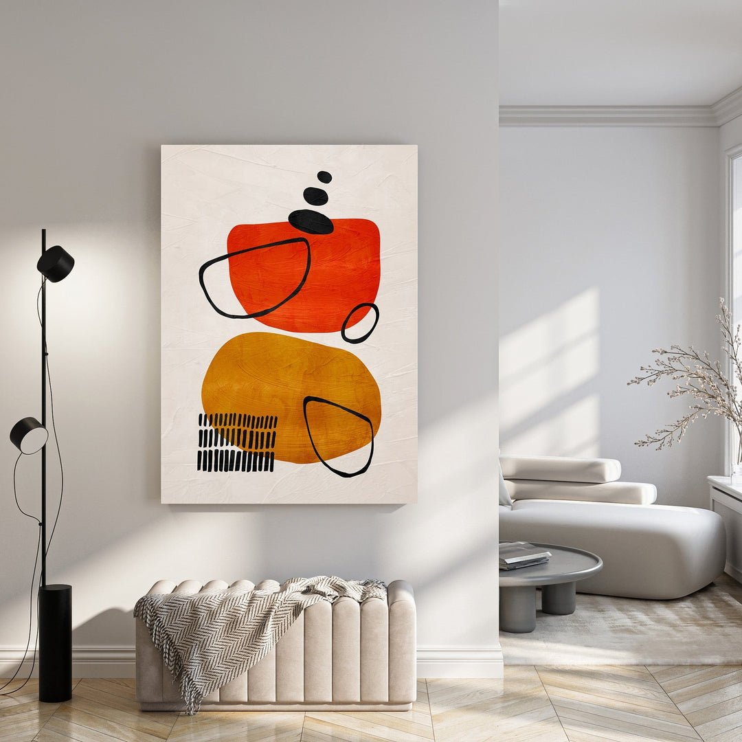 Wadi Home abstract geometric canvas art with orange, ochre, and black shapes on textured cream background.