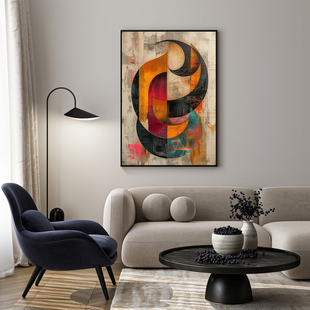 Wadi Home abstract geometric canvas art with orange, red, and black shapes on textured background.