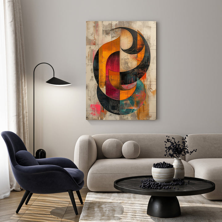 Wadi Home abstract geometric canvas art with orange, red, black, and teal colors. Textured background.