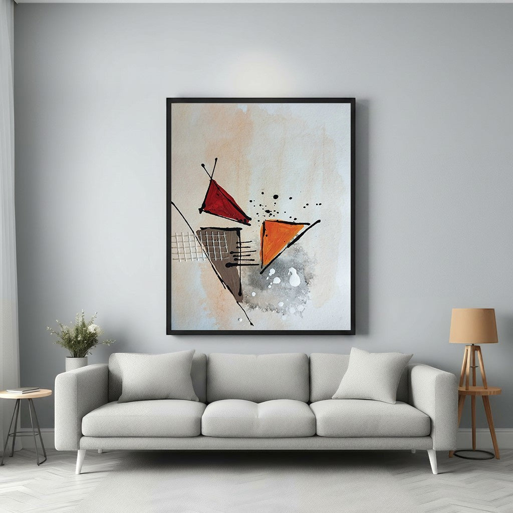 Wadi Home abstract geometric canvas art with red, orange, and earth tones, featuring triangles and textured background.