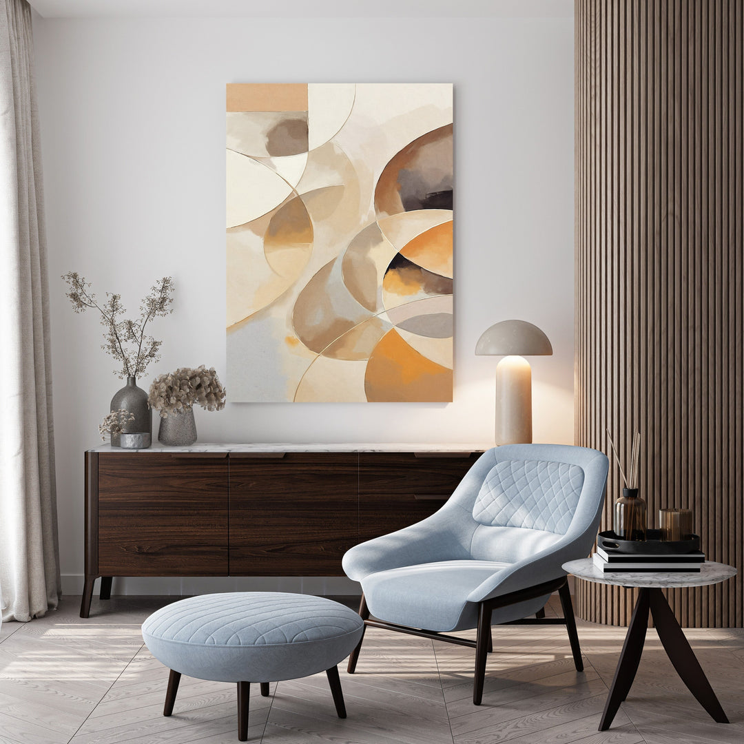 Wadi Home abstract geometric canvas art in warm earth tones and soft neutrals, featuring flowing lines and dynamic shapes.